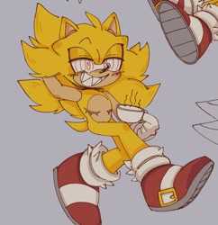 Size: 1346x1390 | Tagged: safe, artist:proj-sh4dow, sonic the hedgehog, hedgehog, 2024, blushing, fleetway super sonic, grey background, hand behind head, holding something, lidded eyes, male, sharp teeth, simple background, smile, solo, solo male, super form, teacup, top surgery scars, trans male, transgender