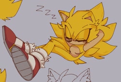 Size: 1585x1077 | Tagged: safe, artist:proj-sh4dow, sonic the hedgehog, hedgehog, 2024, eyes closed, fleetway super sonic, grey background, hands behind head, male, simple background, sitting, sleeping, solo, solo male, super form, top surgery scars, trans male, transgender, zzz