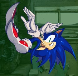 Size: 2048x2005 | Tagged: safe, artist:infmilk, sonic the hedgehog, hedgehog, 2024, abstract background, falling, looking at viewer, male, smile, solo, solo male