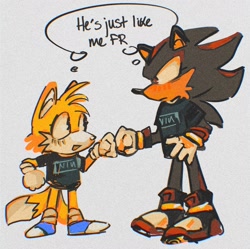 Size: 1619x1615 | Tagged: safe, artist:youhalfwit, miles "tails" prower, shadow the hedgehog, fox, hedgehog, 2024, blue shoes, blushing, branded clothes, duo, duo male, english text, fistbump, grey background, looking at each other, male, males only, nin, shirt, simple background, standing, thought bubble