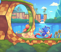 Size: 1280x1084 | Tagged: safe, artist:manedesu, miles "tails" prower, sonic the hedgehog, fox, hedgehog, green hill zone, 2021, abstract background, classic sonic, classic tails, clouds, daytime, duo, flower, grass, loop, palm tree, ring, rolling, running, smile, spindash, sunflower, waterfall