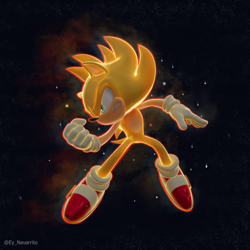 Size: 3560x3560 | Tagged: safe, artist:justnav04, sonic the hedgehog, super sonic, hedgehog, 2024, 3d, abstract background, clenched fist, clenched teeth, looking offscreen, male, posing, remake, solo, solo male, sparkles, super form
