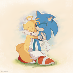 Size: 1920x1920 | Tagged: safe, artist:justnav04, miles "tails" prower, sonic the hedgehog, fox, hedgehog, 2023, abstract background, cute, duo, duo male, eyes closed, grass, hugging, male, males only, outline, signature, smile, sonabetes, standing, tailabetes