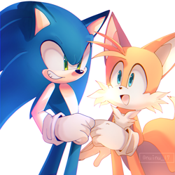 Size: 2455x2450 | Tagged: safe, artist:nuinu_17, miles "tails" prower, sonic the hedgehog, fox, hedgehog, 2023, clenched teeth, cute, duo, duo male, fistbump, looking at each other, male, males only, mouth open, signature, smile, standing, watermark