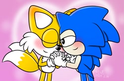 Size: 963x631 | Tagged: safe, artist:dktailsstudios, miles "tails" prower, sonic the hedgehog, fox, hedgehog, 2024, abstract background, chibi, classic sonic, classic tails, cute, duo, duo male, eyes closed, gay, heart, holding hands, lidded eyes, looking at them, male, males only, shipping, signature, smile, sonic x tails, standing, valentine's day