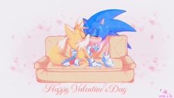 Size: 1920x1080 | Tagged: safe, artist:nyanman0526, miles "tails" prower, sonic the hedgehog, fox, hedgehog, 2024, abstract background, blushing, chocolate box, couch, cute, duo, duo male, english text, eyes closed, gay, heart, holding each other, holding something, kiss, lidded eyes, looking at them, male, males only, shipping, signature, sofa, sonic x tails, valentine's day