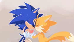 Size: 1280x720 | Tagged: safe, artist:giaoux, miles "tails" prower, sonic the hedgehog, fox, hedgehog, 2024, blushing, cute, duo, duo male, eyes closed, gay, heart, male, males only, shipping, signature, smile, sonabetes, sonic x tails, standing, tailabetes, valentine's day