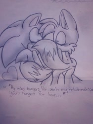 Size: 1200x1600 | Tagged: safe, artist:chilidogs742, editor:sontailsreddit, miles "tails" prower, sonic the hedgehog, fox, hedgehog, 2013, 2024, blushing, dialogue, duo, duo male, edit, english text, eyes closed, gay, heart, line art, male, males only, shipping, sitting, sonic x tails, standing, traditional media, wrapped in tail