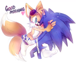 Size: 1280x1052 | Tagged: safe, artist:psychotiicx, miles "tails" prower, sonic the hedgehog, fox, hedgehog, 2018, blushing, carrying them, cute, dialogue, duo, duo male, english text, eyes closed, gay, heart, looking at them, male, males only, shipping, simple background, smile, sonabetes, sonic boom (tv), sonic x tails, standing, tailabetes, white background