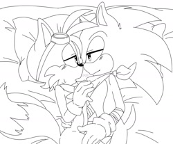 Size: 1280x1059 | Tagged: safe, artist:p-o-o-o-o-f, miles "tails" prower, sonic the hedgehog, fox, hedgehog, 2018, bed, blushing, duo, duo male, gay, lidded eyes, looking at each other, lying on side, male, males only, mouth open, shipping, signature, smile, sonic boom (tv), sonic x tails, sweatdrop