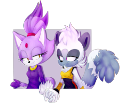 Size: 1157x1000 | Tagged: safe, artist:sonicdrift2, blaze the cat, tangle the lemur, cat, lemur, duo, duo female, female, females only, holding hands, lesbian, lidded eyes, looking at each other, semi-transparent background, shipping, smile, standing, tanglaze