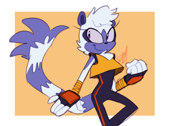 Size: 716x525 | Tagged: safe, artist:frechiiie, tangle the lemur, lemur, border, clenched fist, female, grey sclera, looking back, orange background, signature, simple background, smile, solo, solo female, standing