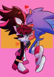 Size: 710x1010 | Tagged: safe, artist:ghostie_berry, shadow the hedgehog, sonic the hedgehog, 2024, abstract background, blushing, duo, eyes closed, flower bouquet, gay, heart, holding something, rose, shadow x sonic, shipping, signature, smile, standing, valentine's day