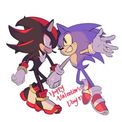 Size: 2000x2000 | Tagged: safe, artist:kaunird, shadow the hedgehog, sonic the hedgehog, hedgehog, 2024, duo, duo male, english text, gay, holding hands, looking at each other, male, males only, shadow x sonic, shipping, simple background, smile, valentine's day, white background