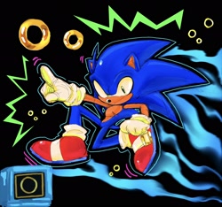Size: 2048x1916 | Tagged: safe, artist:best_j_monster, sonic the hedgehog, hedgehog, 2024, black background, looking at viewer, male, monitor, outline, pointing, ring, simple background, smile, solo, solo male, top surgery scars, trans male, transgender