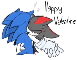 Size: 859x671 | Tagged: safe, artist:krazzyakuma, shadow the hedgehog, sonic the hedgehog, hedgehog, duo, duo male, english text, gay, heart, holding hands, holding them, kissing neck, male, males only, one eye closed, shadow x sonic, shipping, simple background, standing, valentine's day, white background