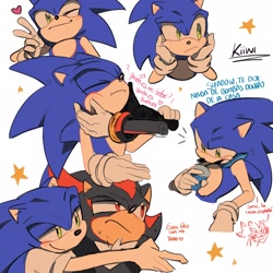 Size: 2048x2048 | Tagged: safe, artist:kiwi_iki, shadow the hedgehog, sonic the hedgehog, hedgehog, 2024, blushing, dialogue, duo, duo male, frown, gay, heart, male, males only, shadow x sonic, shipping, signature, smile, spanish text, star (symbol), sweatdrop, wink
