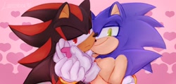 Size: 2048x973 | Tagged: safe, artist:loonnbee, shadow the hedgehog, sonic the hedgehog, hedgehog, abstract background, duo, duo male, frown, gay, heart, holding each other, lidded eyes, looking at viewer, male, males only, shadow x sonic, shipping, smile, standing