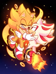 Size: 1120x1460 | Tagged: safe, artist:ketrin_like, shadow the hedgehog, sonic the hedgehog, super shadow, super sonic, hedgehog, 2024, chibi, cute, duo, duo male, eyes closed, flying, gay, gradient background, holding each other, lidded eyes, looking at them, male, males only, ring, shadow x sonic, shadowbetes, shipping, signature, smile, sonabetes, sparkles, star (sky), super form