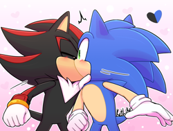 Size: 893x676 | Tagged: safe, artist:ketrin_like, shadow the hedgehog, sonic the hedgehog, hedgehog, blushing, duo, duo male, eyes closed, gay, gradient background, heart, kiss, male, males only, shadow x sonic, shipping, signature, standing, surprise kiss, surprised, valentine's day