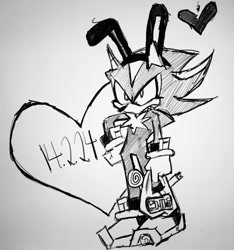 Size: 828x884 | Tagged: safe, artist:anywaywhoa, shadow the hedgehog, hedgehog, 2024, bag, bunny ear, heart, holding something, looking offscreen, male, solo, solo male, valentine's day