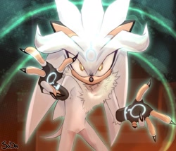 Size: 2037x1747 | Tagged: safe, artist:soda_artlol, silver the hedgehog, hedgehog, 2024, abstract background, claws, fingerless gloves, looking at viewer, male, psychokinesis, signature, solo, solo male