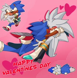 Size: 1185x1200 | Tagged: safe, artist:sonix_chaos, silver the hedgehog, sonic the hedgehog, hedgehog, 2024, blushing, cute, duo, duo male, eyes closed, gay, heart, holding each other, hugging, male, males only, outline, shipping, silvabetes, sonabetes, sonilver, valentine's day