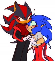 Size: 1673x1865 | Tagged: safe, artist:hedgester_, shadow the hedgehog, sonic the hedgehog, hedgehog, blushing, clothes, cute, duo, duo female, female, females only, gender swap, heart, holding hands, lesbian, looking at them, looking away, r63 shipping, shadow x sonic, shipping, signature, simple background, smile, wagging tail, white background