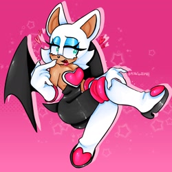 Size: 1900x1900 | Tagged: safe, artist:mil0stearip0ff, rouge the bat, bat, 2023, female, gradient background, legs crossed, lidded eyes, looking offscreen, mouth open, sitting, smile, solo, solo female, star (symbol)