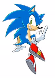 Size: 1449x2048 | Tagged: safe, artist:spideyej, sonic the hedgehog, hedgehog, 2024, looking at viewer, looking back at viewer, male, middle finger, simple background, sketch, smile, solo, solo male, white background
