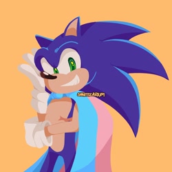 Size: 2048x2048 | Tagged: safe, artist:sanitizarium, sonic the hedgehog, hedgehog, 2022, cape, looking at viewer, male, pride, pride cape, pride flag, signature, simple background, smile, solo, solo male, standing, top surgery scars, trans male, trans pride, transgender, yellow background