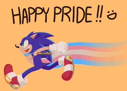 Size: 2048x1463 | Tagged: safe, artist:sanitizarium, sonic the hedgehog, hedgehog, 2022, :d, cape, english text, male, mouth open, orange background, pride, pride flag, running, simple background, smile, solo, solo male, top surgery scars, trans male, trans pride, transgender