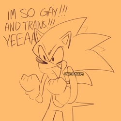 Size: 2048x2048 | Tagged: safe, artist:sanitizarium, sonic the hedgehog, hedgehog, 2022, clenched fists, dialogue, english text, gay, line art, male, signature, simple background, sketch, smile, solo, solo male, standing, trans male, transgender