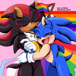 Size: 1200x1200 | Tagged: safe, artist:krsofia_arts, shadow the hedgehog, sonic the hedgehog, hedgehog, 31 days sonic, 2022, blushing, cute, duo, duo male, eyes closed, flag, frown, gay, holding something, hugging, male, males only, mouth open, pride, pride cape, pride flag, progress pride, shadow x sonic, shipping, signature, simple background, smile, sonabetes, trans pride