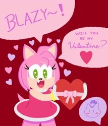 Size: 3000x3500 | Tagged: safe, artist:sunoluno_, amy rose, blaze the cat, cat, hedgehog, 2024, amy x blaze, amy's halterneck dress, chocolate box, cute, female, females only, hearts, lesbian, mouth open, shipping, speech bubble, valentine's day