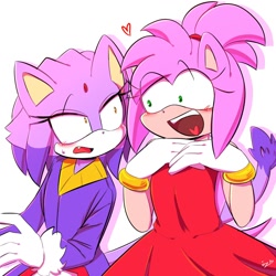 Size: 1280x1280 | Tagged: safe, artist:shumi_1011, amy rose, blaze the cat, cat, hedgehog, 2024, amy x blaze, amy's halterneck dress, blaze's tailcoat, cute, female, females only, hands together, heart, lesbian, looking at each other, mouth open, shipping