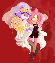 Size: 1337x1528 | Tagged: safe, artist:_bomb_chan_, amy rose, blaze the cat, cat, hedgehog, 2024, amy x blaze, bouquet, cute, female, females only, flowers, heart, lesbian, looking at viewer, mouth open, shipping, wedding dress