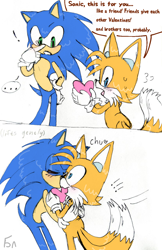 Size: 828x1280 | Tagged: safe, artist:kptya, miles "tails" prower, sonic the hedgehog, fox, hedgehog, ..., cute, dialogue, duo, duo male, english text, exclamation mark, gay, heart, holding something, kiss on cheek, lifting them, male, males only, shipping, sonic x tails, standing, valentine's day