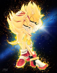 Size: 1589x2048 | Tagged: safe, artist:renard-dartigue, shadow the hedgehog, sonic the hedgehog, super shadow, super sonic, hedgehog, 2024, abstract background, duo, duo male, eyes closed, flying, gay, hugging, male, males only, shadow x sonic, shipping, signature, smile, soap shoes, space, star (sky), super form, valentine's day