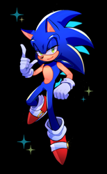 Size: 1267x2059 | Tagged: safe, artist:einelitas, sonic the hedgehog, hedgehog, black background, lidded eyes, male, pointing, simple background, smile, solo, solo male, sparkles, star (symbol)