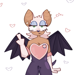 Size: 2048x2048 | Tagged: safe, artist:kibblebitez, rouge the bat, bat, badge, dialogue, ear piercing, earring, english text, female, frown, headcanon, heart, lesbian, lidded eyes, looking up, middle finger, simple background, solo, standing, trans female, trans pride, transgender, white background