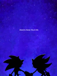 Size: 768x1024 | Tagged: safe, artist:cherry_linss, shadow the hedgehog, sonic the hedgehog, 2024, duo, english text, gay, holding hands, shadow x sonic, shipping, silhouette, standing, star (sky)