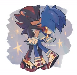 Size: 1711x1662 | Tagged: safe, artist:unmonn, shadow the hedgehog, sonic the hedgehog, 2024, abstract background, cute, duo, ear fluff, eyes closed, gay, hugging, shadow x sonic, shipping, signature, standing, star (symbol), valentine's day