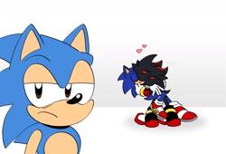 Size: 1974x1344 | Tagged: safe, artist:weirdozjunkary, shadow the hedgehog, sonic the hedgehog, sonic x shadow generations, 2024, abstract background, classic sonic, eyes closed, frown, gay, heart, holding each other, kiss, lidded eyes, looking at viewer, self paradox, shadow x sonic, shipping, third wheel, trio, valentine's day