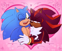 Size: 1788x1490 | Tagged: safe, artist:kainxte, shadow the hedgehog, sonic the hedgehog, 2024, abstract background, duo, gay, heart, lidded eyes, looking at viewer, shadow x sonic, shipping, signature, smile, valentine's day, wink
