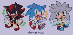 Size: 1832x896 | Tagged: safe, artist:tinyratlet, shadow the hedgehog, silver the hedgehog, sonic the hedgehog, hedgehog, 2024, blushing, chibi, cute, frown, looking at viewer, one fang, shadowbetes, signature, silvabetes, simple background, smile, sonabetes, trio, v sign