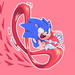 Size: 1280x1280 | Tagged: safe, artist:billytarmadillo, sonic the hedgehog, 2024, chocolate box, holding something, looking ahead, looking offscreen, mouth open, pink background, running, simple background, smile, solo, super peel-out, valentine's day