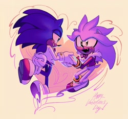 Size: 2048x1907 | Tagged: safe, artist:starrjoy, artist:starrjoyart, silver the hedgehog, sonic the hedgehog, 2024, abstract background, blushing, bowtie, cute, duo, english text, gay, hand behind back, heart, holding hands, looking at each other, one fang, shipping, silvabetes, smile, sonabetes, sonilver, suit, valentine's day