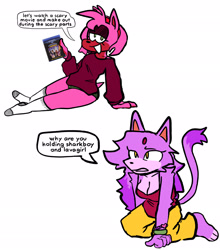 Size: 1805x2048 | Tagged: safe, artist:jane-trademark, amy rose, blaze the cat, cat, hedgehog, 2023, amy x blaze, cute, english text, female, females only, lesbian, looking at each other, shipping, speech bubble