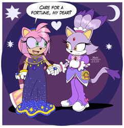 Size: 2048x2119 | Tagged: safe, artist:silverphantom36, amy rose, blaze the cat, cat, hedgehog, 2023, amy x blaze, cute, female, females only, fortune teller, hammer, heart, holding hands, lesbian, looking at each other, moon, shipping, speech bubble, star (symbol)
